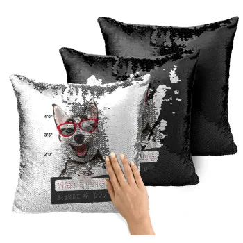 Warning, beware of Dog, Μαξιλάρι καναπέ Μαγικό Μαύρο με πούλιες 40x40cm περιέχεται το γέμισμα