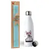 Easter Set, metallic stainless steel water bottle (750ml) & aromatic flat Easter candle (30cm) (TURQUOISE)