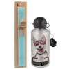 Easter Set, metallic silver aluminum water bottle (500ml) & scented flat Easter candle (30cm) (TURQUOISE)