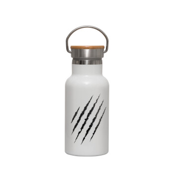 Claw scratch, Metallic thermos (Stainless steel) White with wooden lid (bamboo), double-walled, 350ml