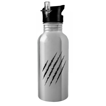 Claw scratch, Water bottle Silver with straw, stainless steel 600ml