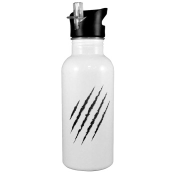 Claw scratch, White water bottle with straw, stainless steel 600ml
