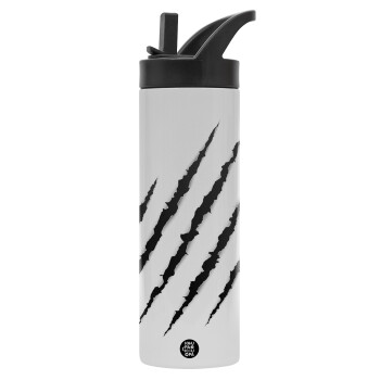 Claw scratch, Metallic thermos bottle with straw & handle, stainless steel (Stainless steel 304), double-walled, 600ml.