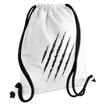 Claw scratch, Τσάντα πλάτης πουγκί GYMBAG λευκή, με τσέπη (40x48cm) & χονδρά κορδόνια