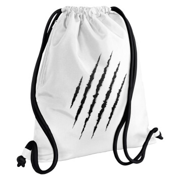 Claw scratch, Backpack pouch GYMBAG white, with pocket (40x48cm) & thick cords