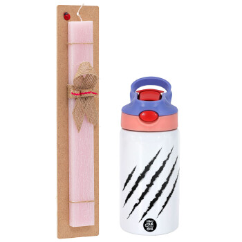 Claw scratch, Πασχαλινό Σετ, Παιδικό παγούρι θερμό, ανοξείδωτο, με καλαμάκι ασφαλείας, ροζ/μωβ (350ml) & πασχαλινή λαμπάδα αρωματική πλακέ (30cm) (ΡΟΖ)