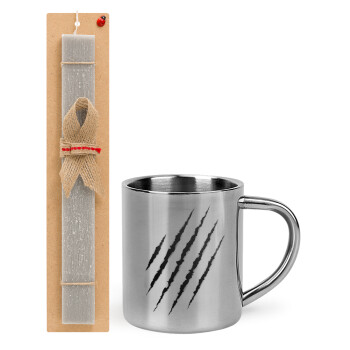 Claw scratch, Easter Set, metallic thermal cup (300ml) & Easter aromatic flat candle (30cm) (GRAY)