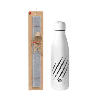 Claw scratch, Πασχαλινή Λαμπάδα με μεταλλικό παγούρι θερμός ανοξείδωτο (500ml) & κερί αρωματικό πλακέ (30cm) (ΓΚΡΙ)