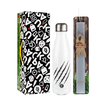 Claw scratch, Easter candle, metallic white thermos bottle (500ml) & aromatic flat candle (30cm) (GRAY)