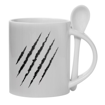 Claw scratch, Ceramic coffee mug with Spoon, 330ml (1pcs)