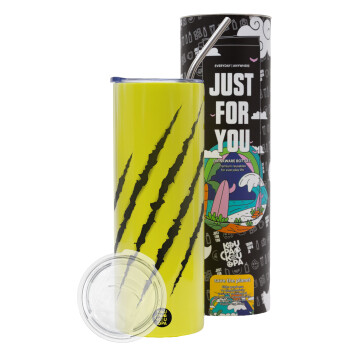 Claw scratch, Neon Yellow Travel Tumbler, with metal straw (Stainless steel 304 Food grade, BPA free, 600ml)