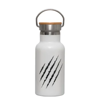 Claw scratch, Metallic thermos (Stainless steel) White with wooden lid (bamboo), double-walled, 350ml