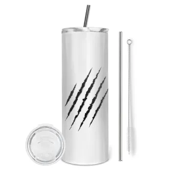 Claw scratch, Tumbler ποτήρι θερμό από ανοξείδωτο ατσάλι 600ml, με μεταλλικό καλαμάκι & βούρτσα καθαρισμού