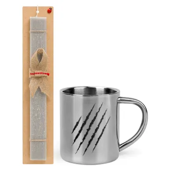 Claw scratch, Easter Set, metallic thermal cup (300ml) & Easter aromatic flat candle (30cm) (GRAY)
