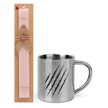 Claw scratch, Easter Set, metallic thermal cup (300ml) & aromatic flat Easter candle (30cm) (PINK)