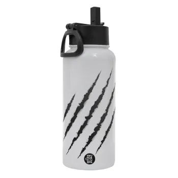 Claw scratch, Μεταλλικό παγούρι θερμός Λευκό με καλαμάκι και χερούλι (Stainless steel), διπλού τοιχώματος, 950ml