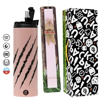 Claw scratch, Πασχαλινή Λαμπάδα με  ΡΟΖ Travel Tumbler θερμό (600ml, BPA free) & κερί αρωματικό πλακέ (30cm) (ΡΟΖ)