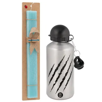 Claw scratch, Easter Set, metallic silver aluminum water bottle (500ml) & scented flat Easter candle (30cm) (TURQUOISE)
