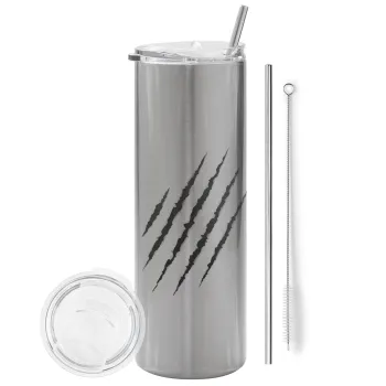 Claw scratch, Tumbler stainless steel Silver 600ml, with metal straw & cleaning brush