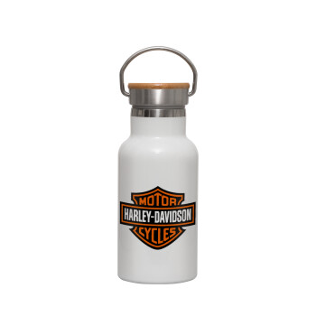 Motor Harley Davidson, Μεταλλικό παγούρι θερμός (Stainless steel) Λευκό με ξύλινο καπακι (bamboo), διπλού τοιχώματος, 350ml