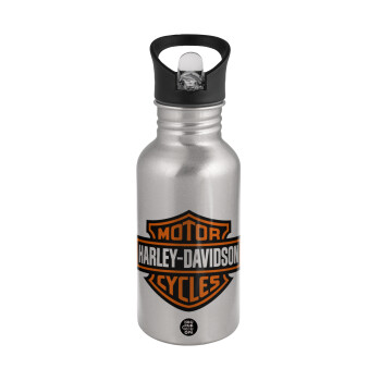 Motor Harley Davidson, Water bottle Silver with straw, stainless steel 500ml