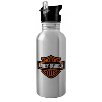 Motor Harley Davidson, Water bottle Silver with straw, stainless steel 600ml