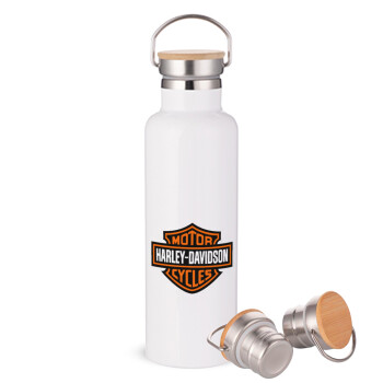 Motor Harley Davidson, Stainless steel White with wooden lid (bamboo), double wall, 750ml