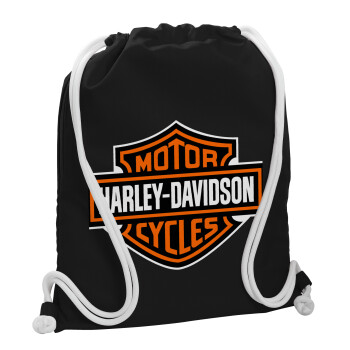Motor Harley Davidson, Τσάντα πλάτης πουγκί GYMBAG Μαύρη, με τσέπη (40x48cm) & χονδρά λευκά κορδόνια