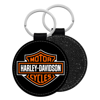 Motor Harley Davidson, Μπρελόκ Δερματίνη, στρογγυλό ΜΑΥΡΟ (5cm)