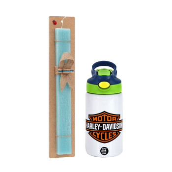 Motor Harley Davidson, Easter Set, Children's thermal stainless steel bottle with safety straw, green/blue (350ml) & aromatic flat Easter candle (30cm) (TURQUOISE)