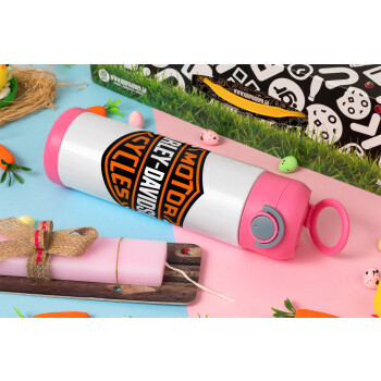 Motor Harley Davidson, Πασχαλινή Λαμπάδα με Παιδικό παγούρι θερμό, ανοξείδωτο, με καλαμάκι ασφαλείας, ΡΟΖ (500ml)