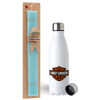 Easter Set, metallic stainless steel water bottle (750ml) & aromatic flat Easter candle (30cm) (TURQUOISE)