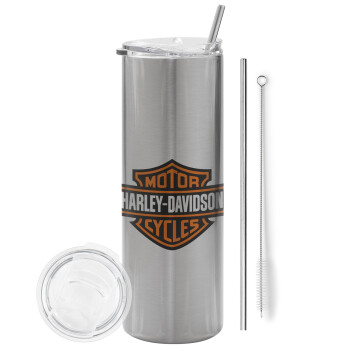 Motor Harley Davidson, Eco friendly stainless steel Silver tumbler 600ml, with metal straw & cleaning brush
