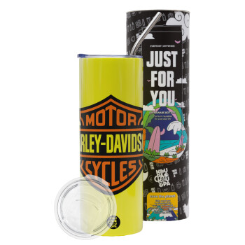 Motor Harley Davidson, Neon Yellow Travel Tumbler θερμό, μεταλλικό καλαμάκι(Ανωξείδωτο 304 Food grade, BPA free, 600ml)