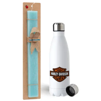 Motor Harley Davidson, Easter Set, metallic stainless steel water bottle (750ml) & aromatic flat Easter candle (30cm) (TURQUOISE)