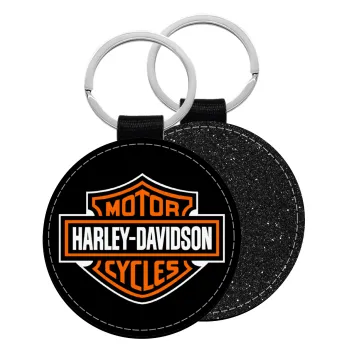 Motor Harley Davidson, Μπρελόκ Δερματίνη, στρογγυλό ΜΑΥΡΟ (5cm)