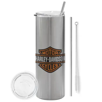 Motor Harley Davidson, Tumbler ποτήρι θερμό Ασημένιο από ανοξείδωτο ατσάλι 600ml, με μεταλλικό καλαμάκι & βούρτσα καθαρισμού