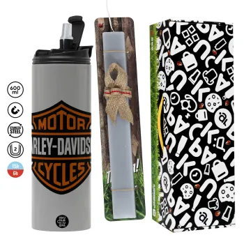Motor Harley Davidson, Πασχαλινή Λαμπάδα με Travel Tumbler θερμό (600ml, BPA free) & κερί αρωματικό πλακέ (30cm) (ΓΚΡΙ)