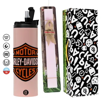 Motor Harley Davidson, Easter candle,Travel Tumbler 2 Lids, with metal straw & cleaning brush & aromatic flat candle (30cm) (PINK)