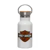 Metallic thermos (Stainless steel) White with wooden lid (bamboo), double-walled, 350ml