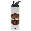 Metallic thermos bottle with straw & handle, stainless steel (Stainless steel 304), double-walled, 600ml.