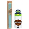 Easter Set, Children's thermal stainless steel bottle with safety straw, green/blue (350ml) & aromatic flat Easter candle (30cm) (TURQUOISE)
