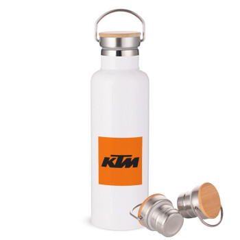 KTM, Μεταλλικό παγούρι θερμός (Stainless steel) Λευκό με ξύλινο καπάκι (bamboo), διπλού τοιχώματος, 750ml
