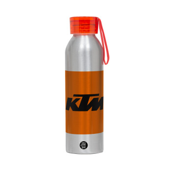 KTM, Αλουμινένιο Αθλητικό Μπουκάλι 650ml – Ασημί με Κόκκινο Καπάκι και Λουράκι Σιλικόνης