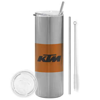 KTM, Eco friendly ποτήρι θερμό Ασημένιο (tumbler) από ανοξείδωτο ατσάλι 600ml, με μεταλλικό καλαμάκι & βούρτσα καθαρισμού