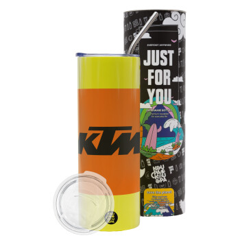 KTM, Neon Yellow Travel Tumbler θερμό, μεταλλικό καλαμάκι(Ανωξείδωτο 304 Food grade, BPA free, 600ml)