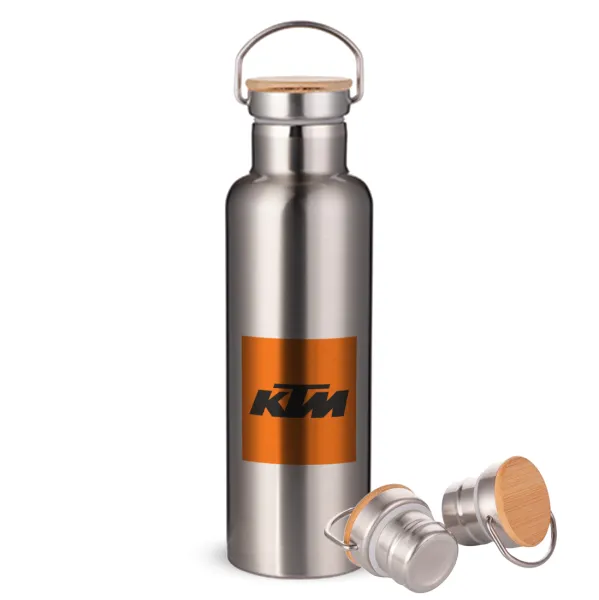 KTM — Μεταλλικό παγούρι θερμός (Stainless steel) Ασημένιο με ξύλινο καπακι (bamboo), διπλού τοιχώματος, 750ml