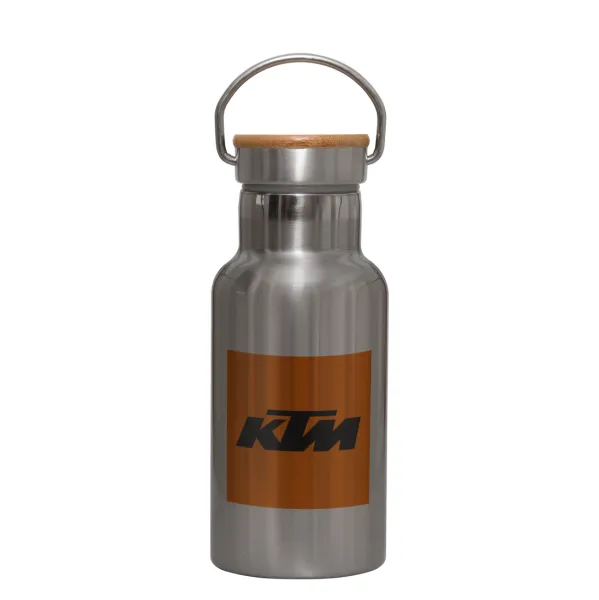 KTM — Stainless steel metallic thermos flask, silver with a bamboo lid, double-walled, 350ml.