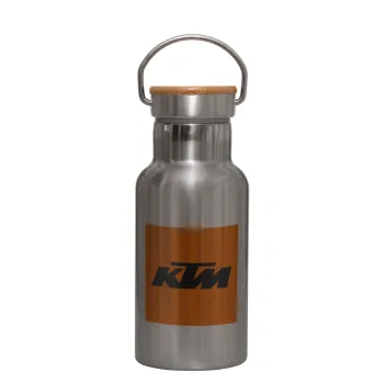 KTM, Μεταλλικό παγούρι θερμός (Stainless steel) Ασημένιο με ξύλινο καπακι (bamboo), διπλού τοιχώματος, 350ml