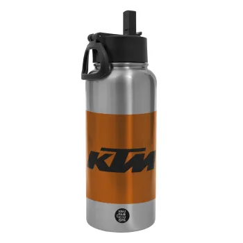 KTM, Μεταλλικό παγούρι θερμός Silver με καλαμάκι και χερούλι (Stainless steel), διπλού τοιχώματος, 950ml